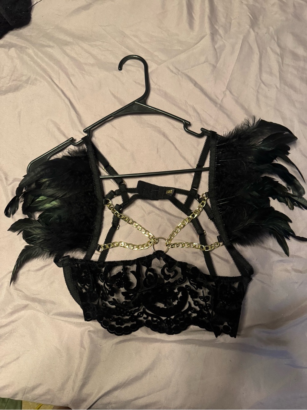 Malice Lingerie Black Feather & Lace Strappy Bralette with Gold Chain Accent